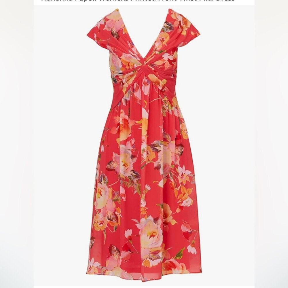 Adrianna Papell Coral Multi Floral Printed Front Twist Midi Chiffon Dress - Picture 11 of 11